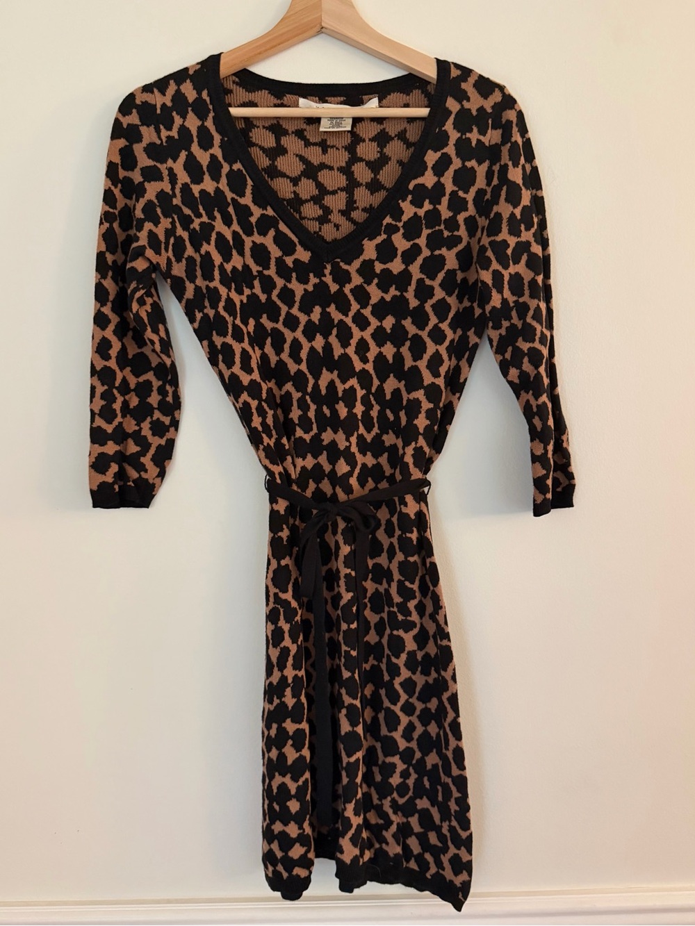 Max Studios Animal Print V-Neck Belted Knit Dress - Black and Brown